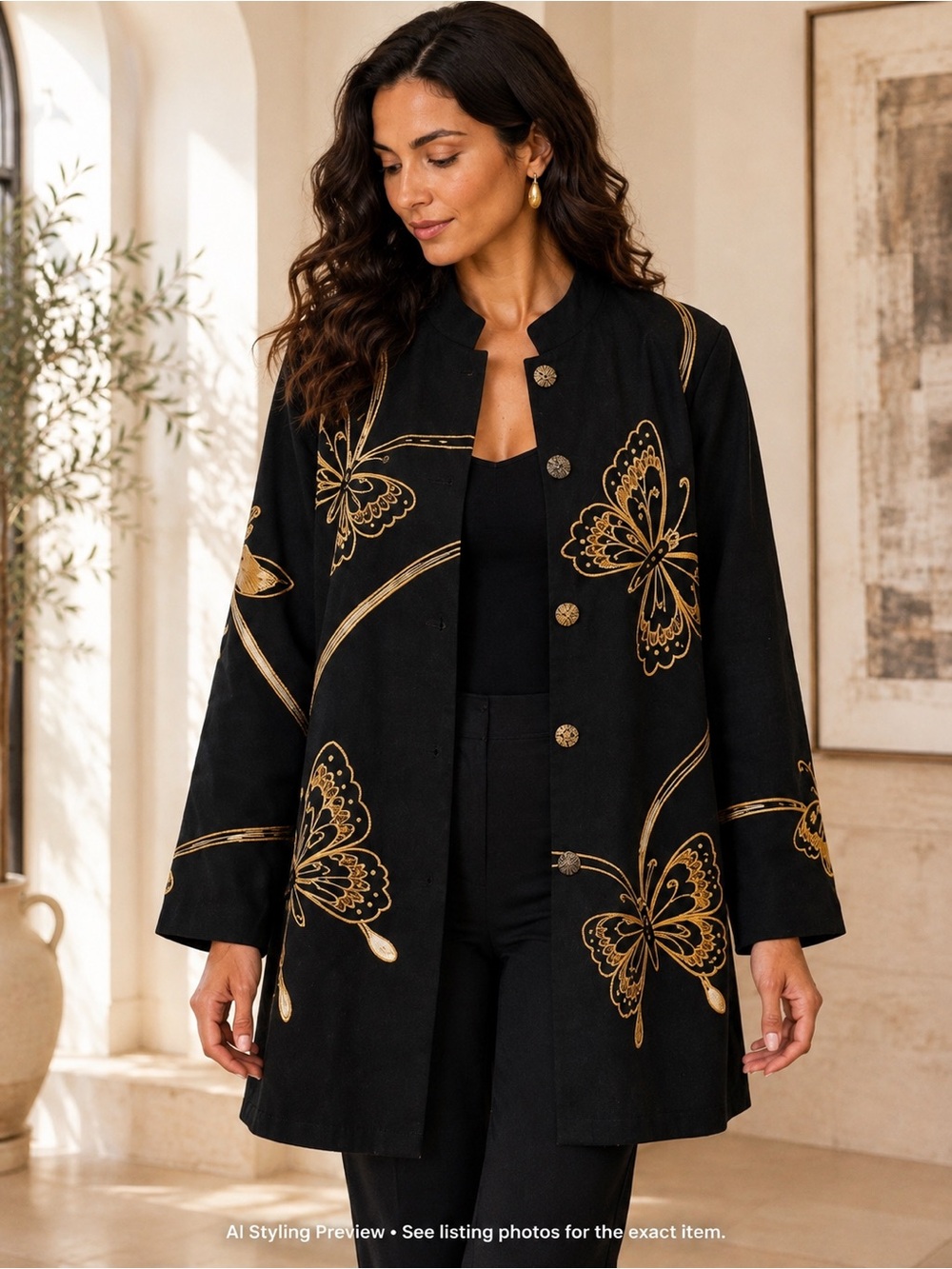 Vintage Allure L Black Gold Butterfly Embroidered Art to Wear Jacket